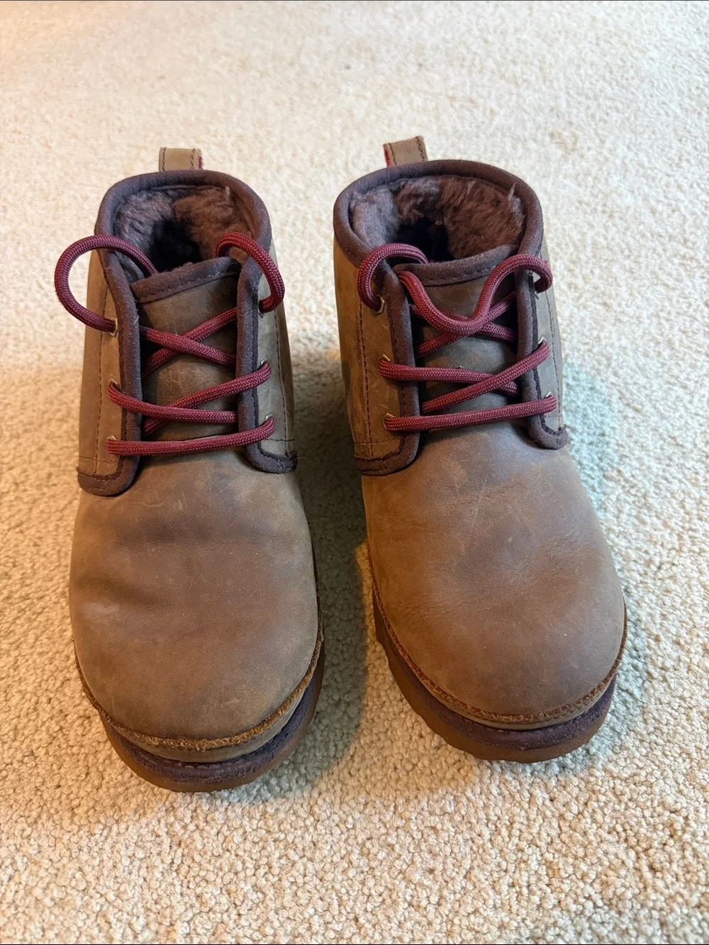 UGG Kids Brown Ankle Boots with Burgundy Laces